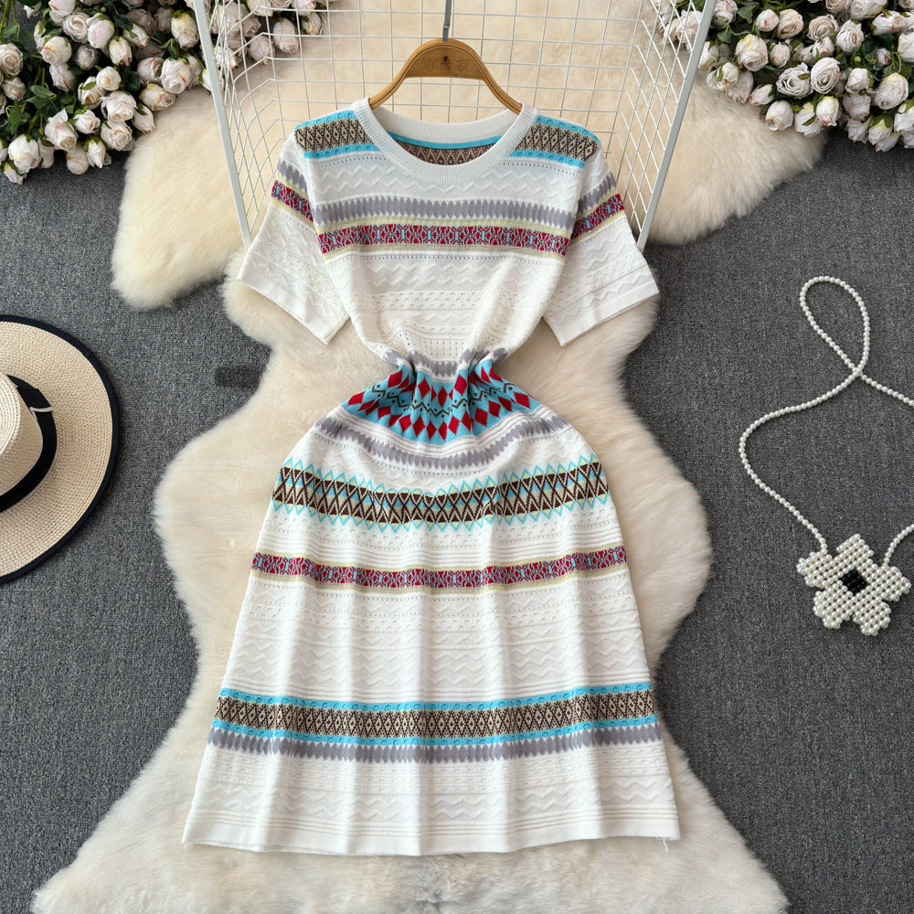 Small fresh stripesdress female summer french style retrosense of design age reduction sweet ethnic style knitting skirt