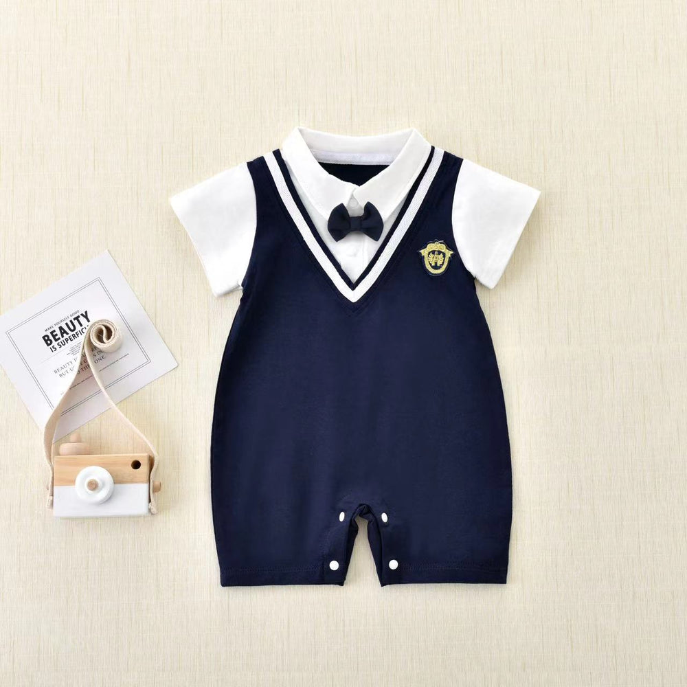 Infant and toddler boys' summer first birthday faux two-piece bow tie romper, stylish preppy gentleman short-sleeve onesie