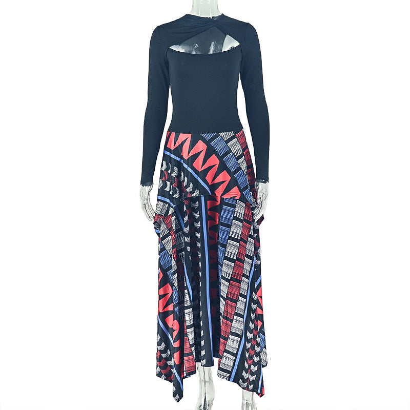 Fashion style cross-border street women's clothing elegant color matching hem waist bag hip skirt round neck cut outclassy long dress