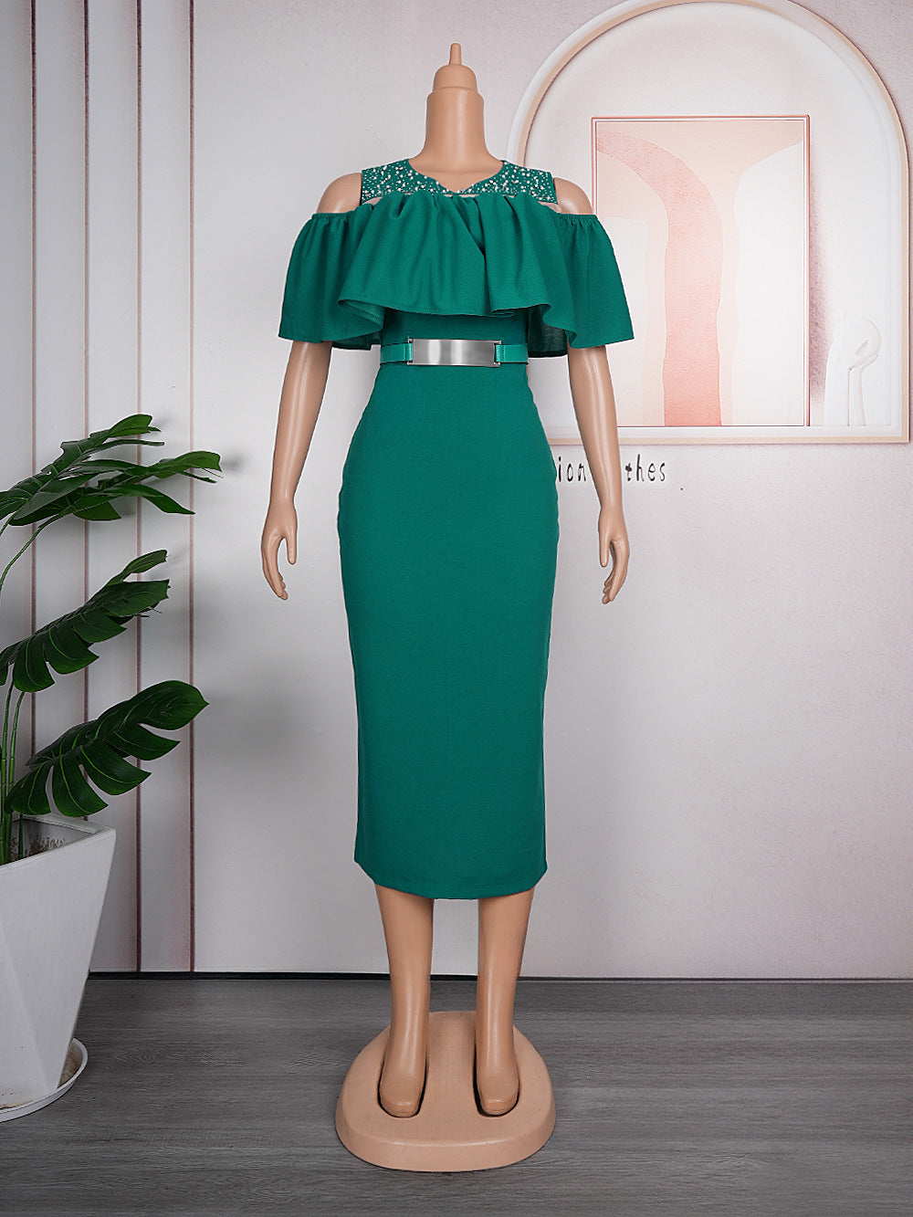 new european and american export hot seller  african plus size fashion women's ruffle dress with belt