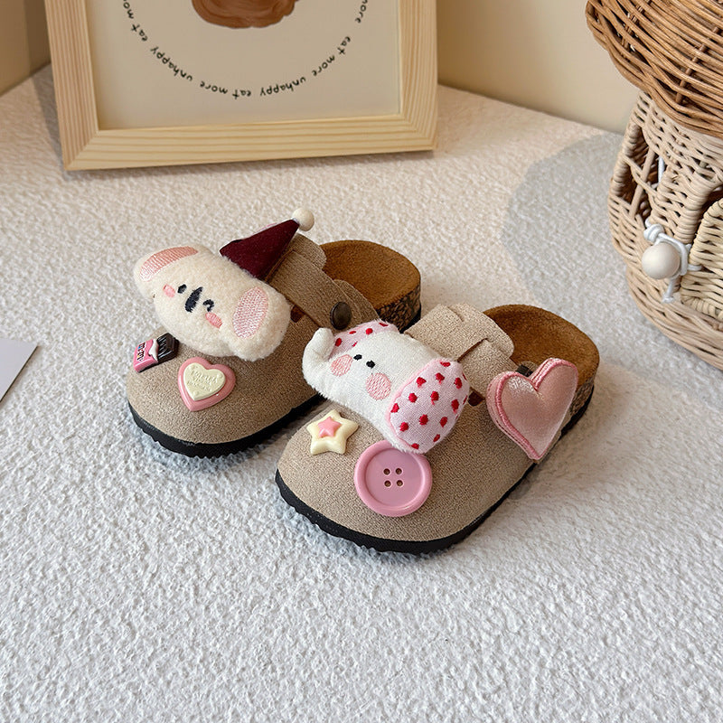 Cute kids birkenstock-style slippers 2025 - outdoor wear, minimalist closed-toe half slippers, spring/autumn girls' adorable cartoon cotton slippers