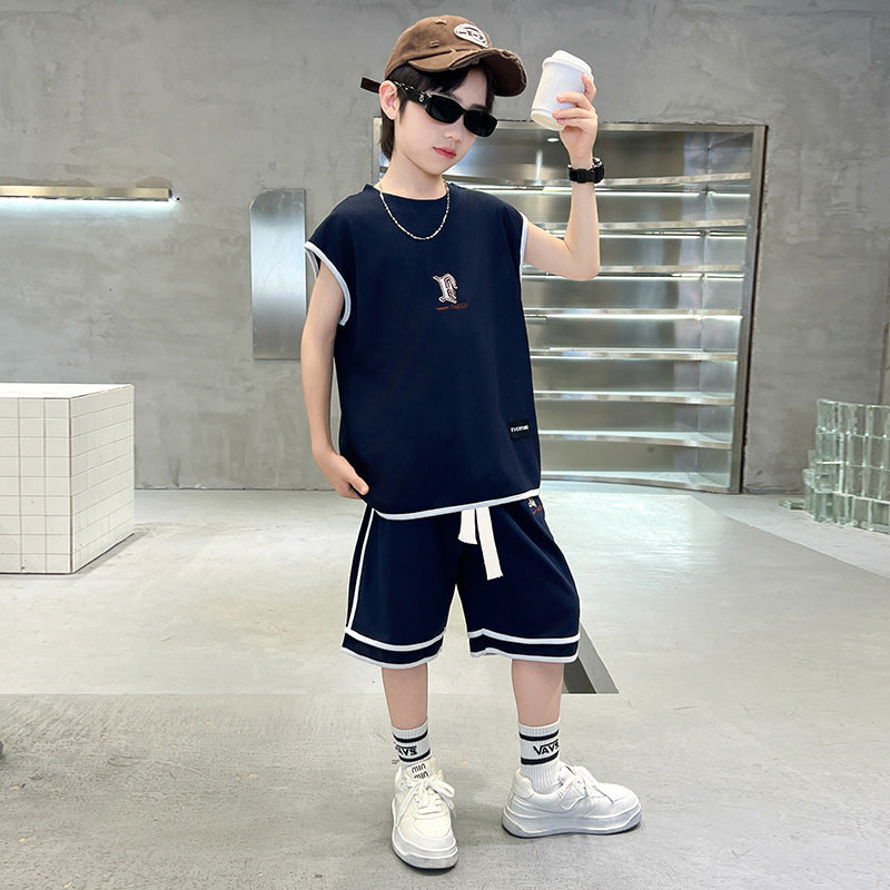 Kids' boys' summer outfit set  new style: trendy, stylish, lightweight, and cool short-sleeve and long-pant set for summer