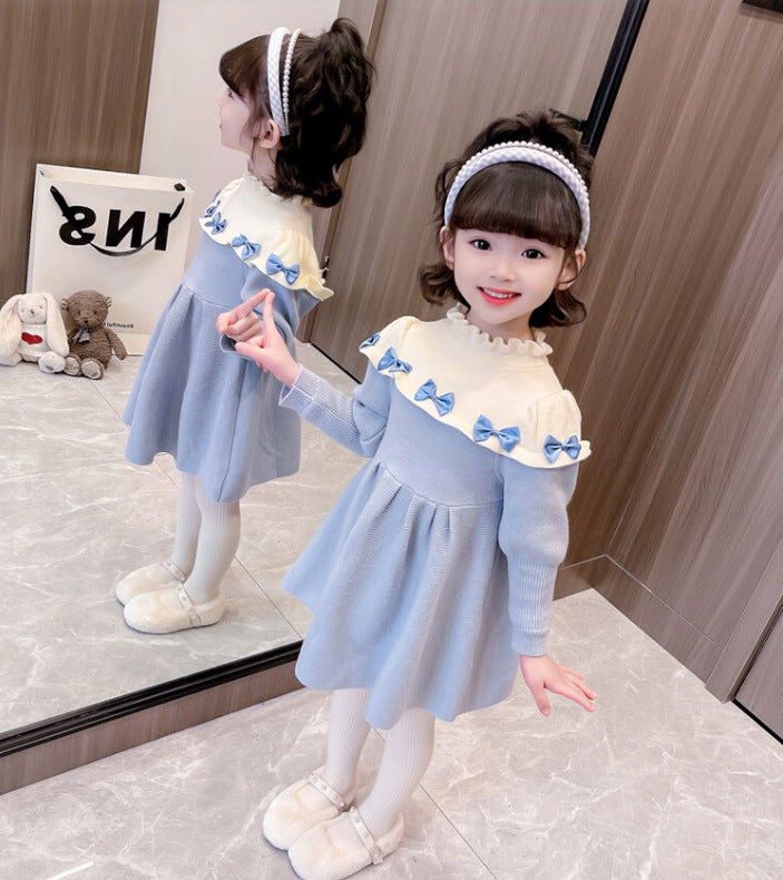 Girlsweater skirt children's clothingknitting long skirt fall and winterfleece-linedthickenednew arrival five-section skirtdress