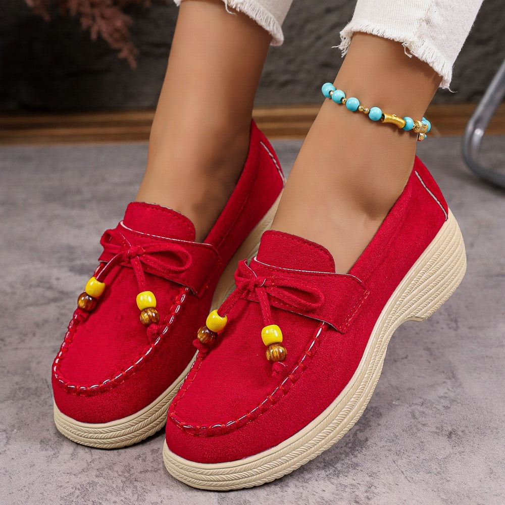 Fashionexport suede platform bottomcasuallow ankle beaded flats women's spring new arrival lightweight pure color cloth loafers