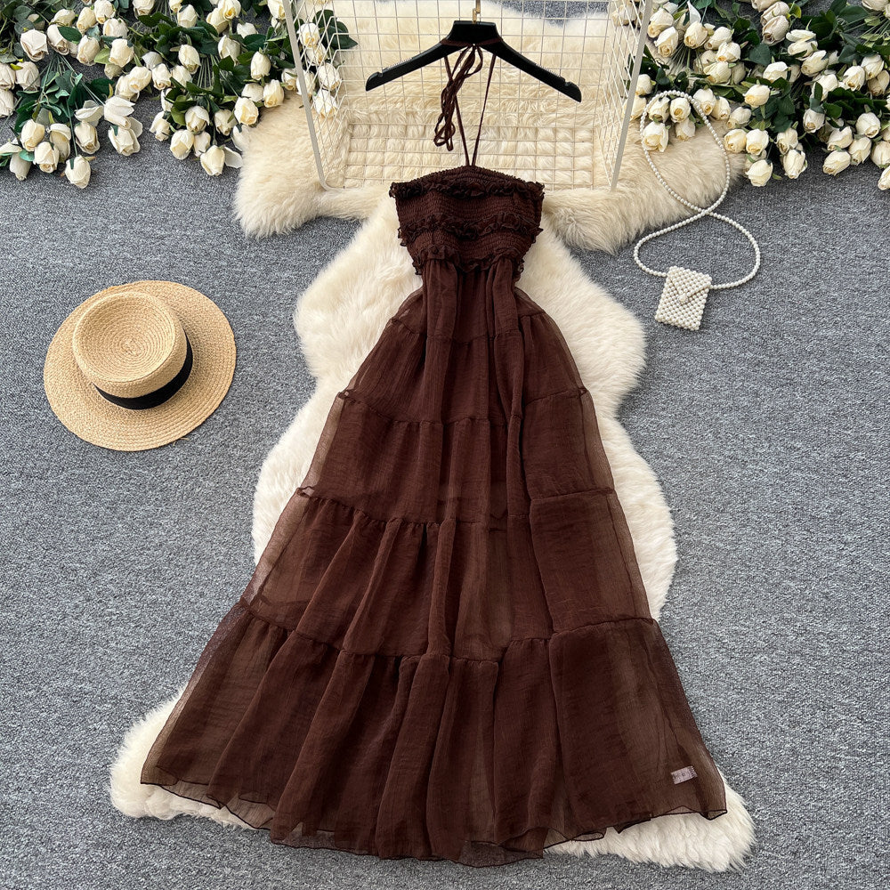 French chic sleeveless high-waisted a-line coffee-colored dress - women's summer slimming cake dress - vacation style maxi dress