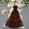 French chic sleeveless high-waisted a-line coffee-colored dress - women's summer slimming cake dress - vacation style maxi dress