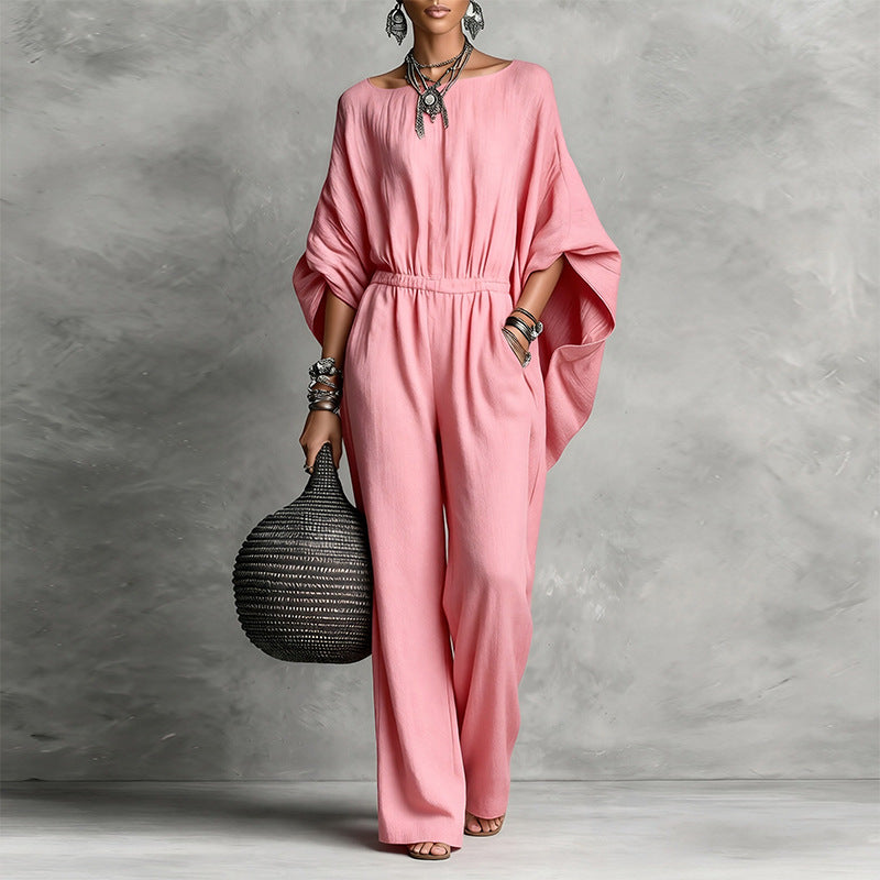 cross-border european & american women's clothing: new retro solid color elegant long sleeve off-shoulder batwing sleeve loose jumpsuit