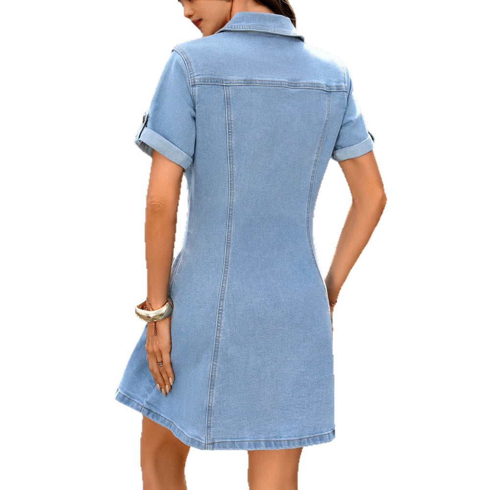 Fashion cross-border export denim elastic waist dress lapel single breasted short sleeve a-line skirt casualslimming look for women