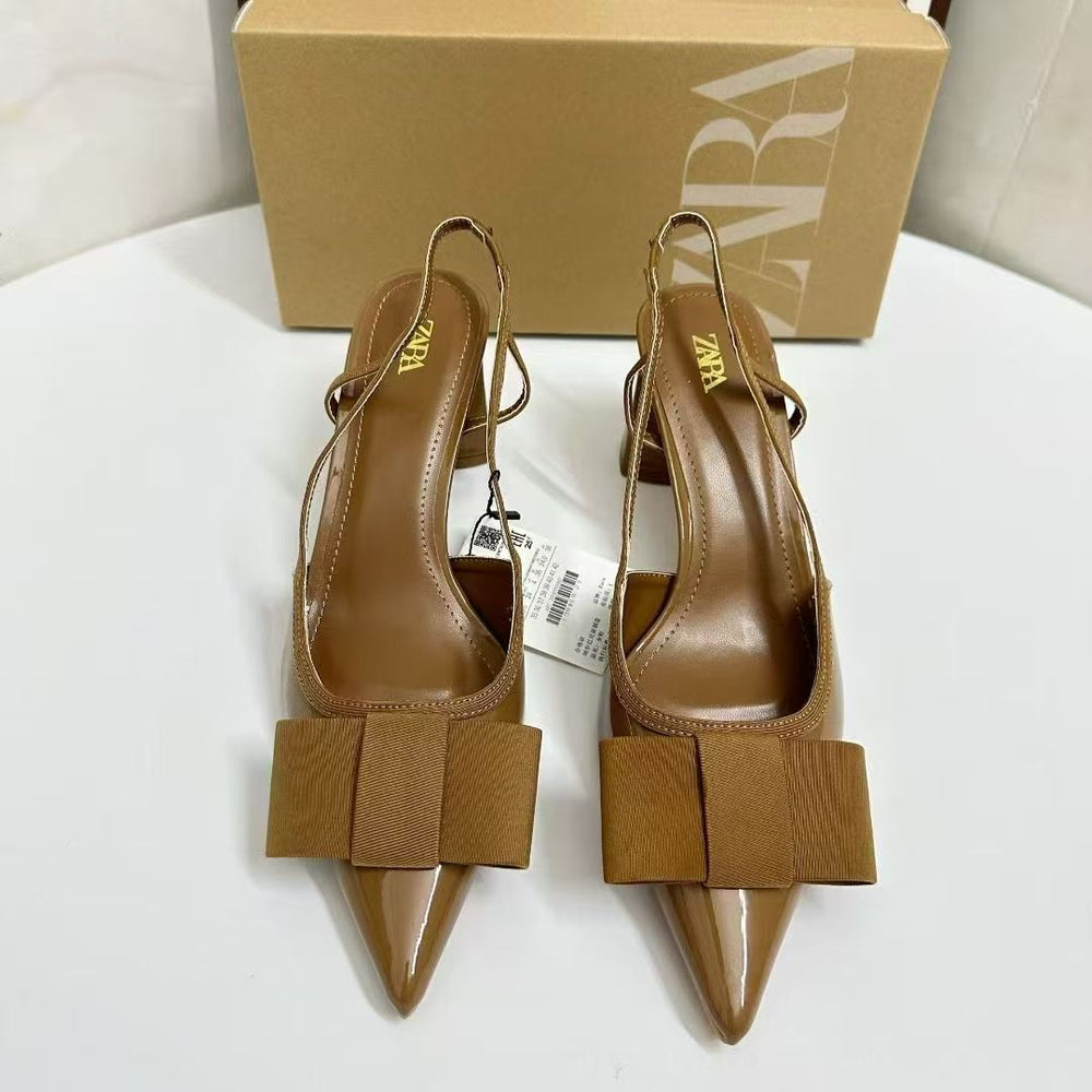 Za2025 autumn new collection: chunky heel peep-toe sandals with back strap, pointed toe, silk satin bow detail - fashionable women's footwear