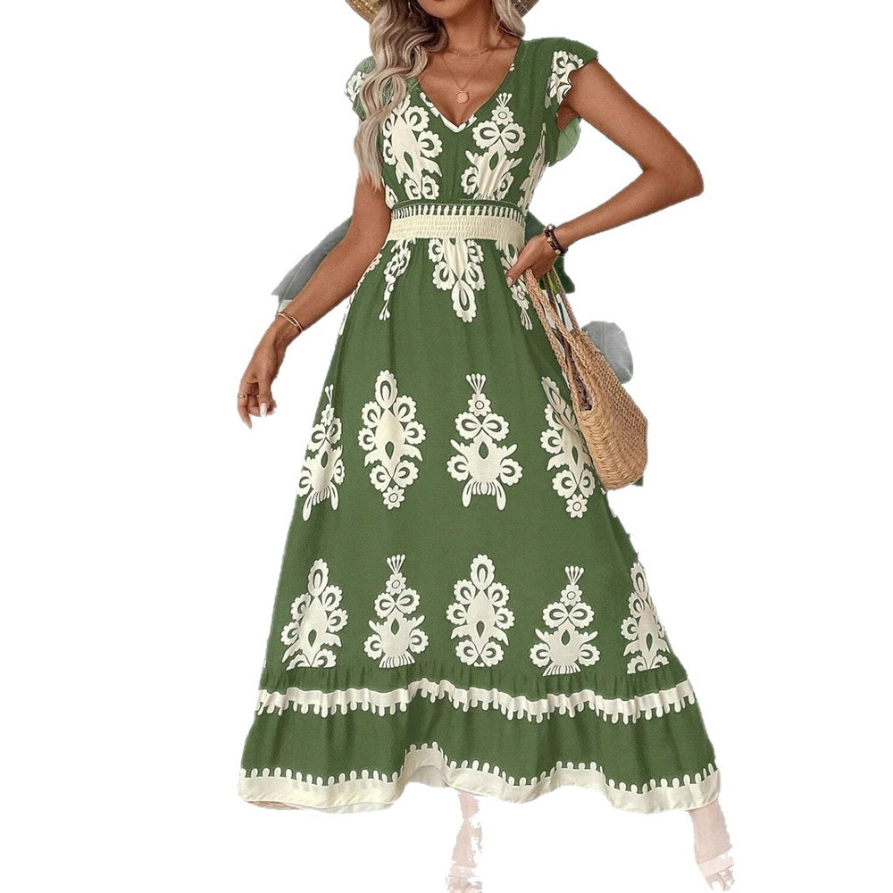 2025 new european and american amazon aliexpress summer fashion printed v-neck waist-defining long dress for women