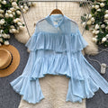 French chic ruffle chiffon blouse - women's summer long sleeve pink commute top - elegant sun protection shirt