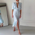summer new arrivals: cross-border fashionable european and american women's clothing - elegant v-neck printed lace patchwork dress