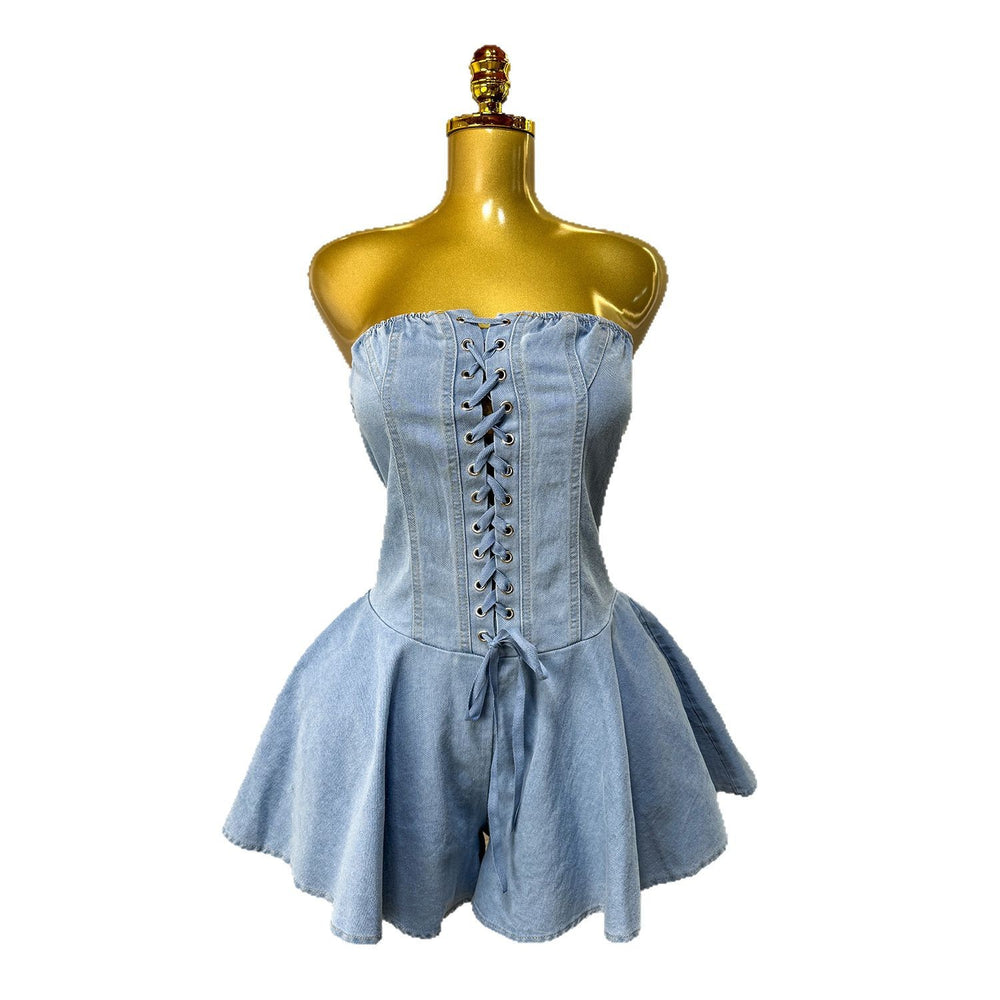 summer new european and american sexy fashion bandeau denim jumpsuit with straps and wide leg shorts for women