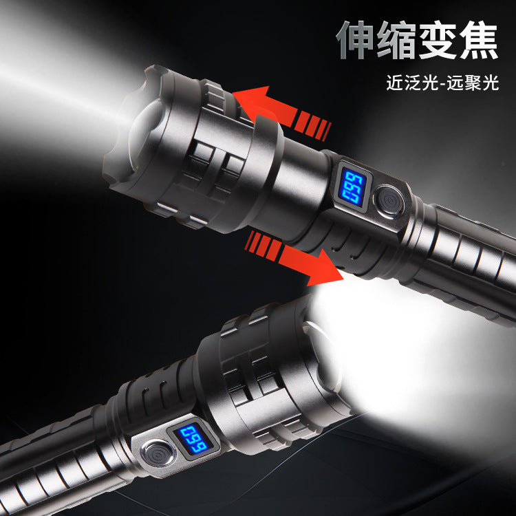 Cross-border new XHP-70 strong light Ttpe-c charging power display safety tail hammer retractable zoom flashlight