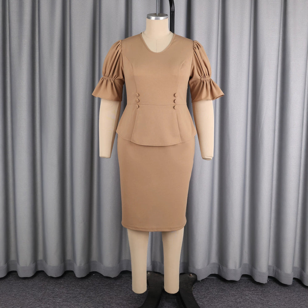 summer new arrival: khaki short-sleeve a-line dress with ruffle trim and decorative buttons - slim-fit, bodycon, and perfect for work