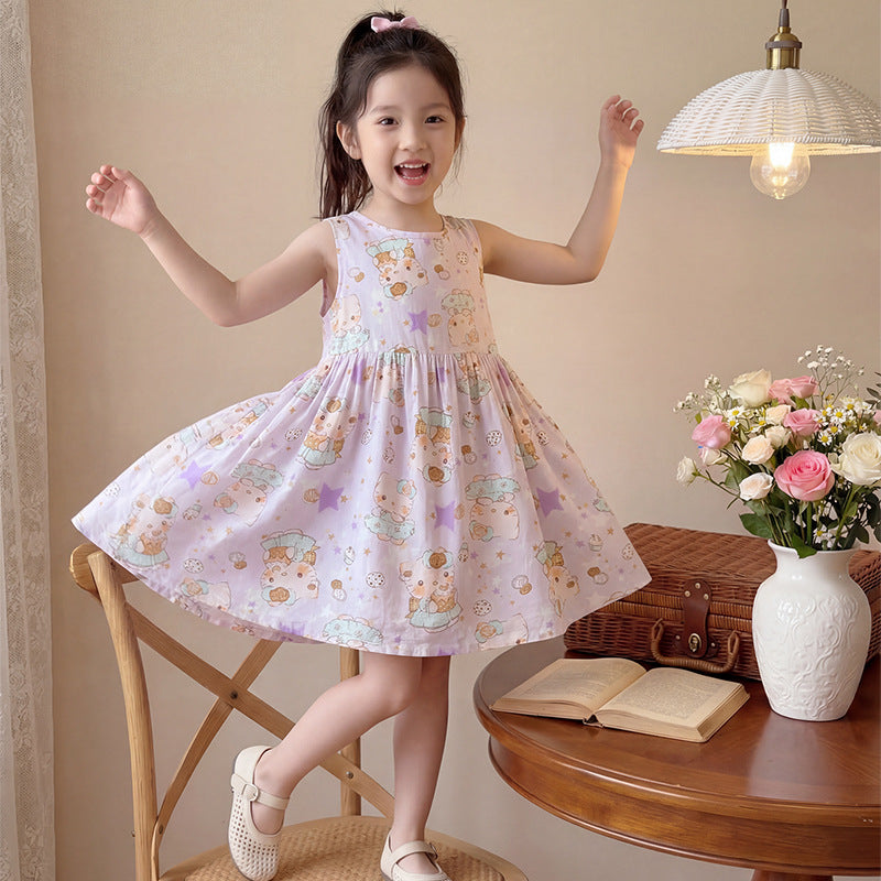 New girls' summer floral cotton silk dress - baby girl casual sweet style princess dress - stylish and trendy children's clothing