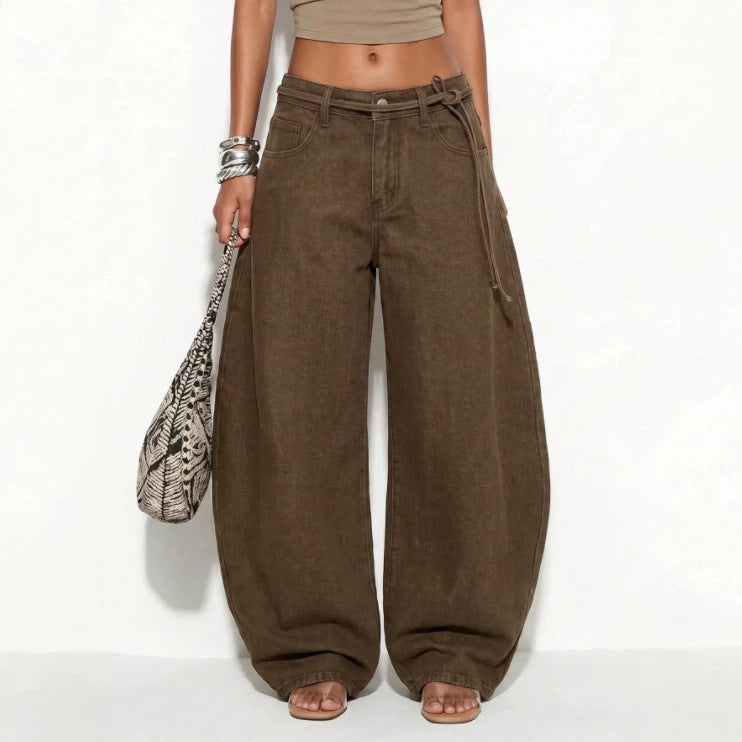 Women's casual loose bucket jeans with drawstring waist