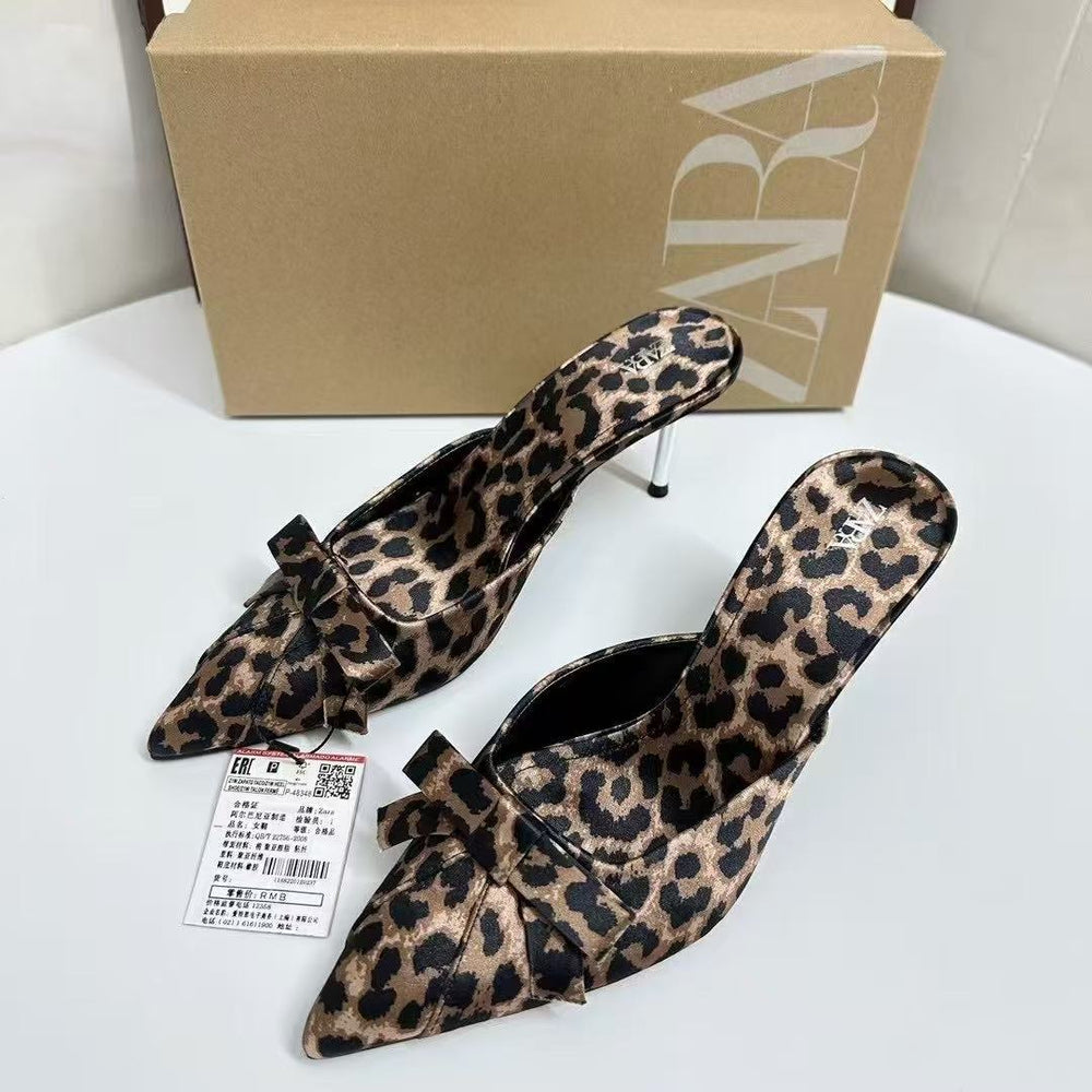 Za's 2025 new women's leopard print mules: summer outdoor wear, bow accent, pointed toe, stiletto heel, high heel mules