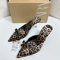 Za's 2025 new women's leopard print mules: summer outdoor wear, bow accent, pointed toe, stiletto heel, high heel mules