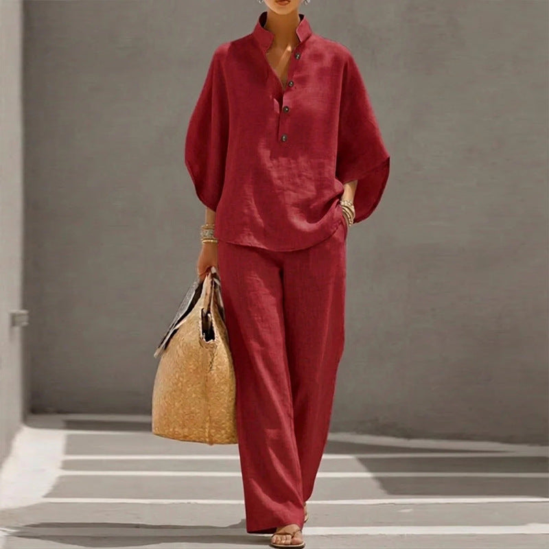 summer new european and american cross-border women's clothing casual loose solid color cotton linen turn-down collar wide leg pants fashion set