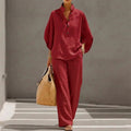 summer new european and american cross-border women's clothing casual loose solid color cotton linen turn-down collar wide leg pants fashion set