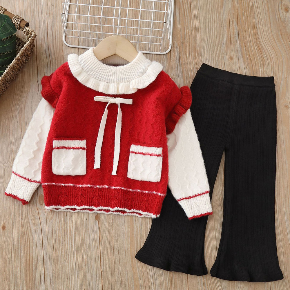 Girls' knitted sweater two-piece set: round neck, new autumn/winter  style with pockets and flutter sleeves