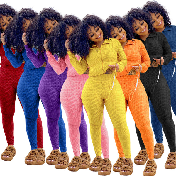 S390124 Foreign trade new summer  solid color cardigan bubble yoga trousers sports suit women