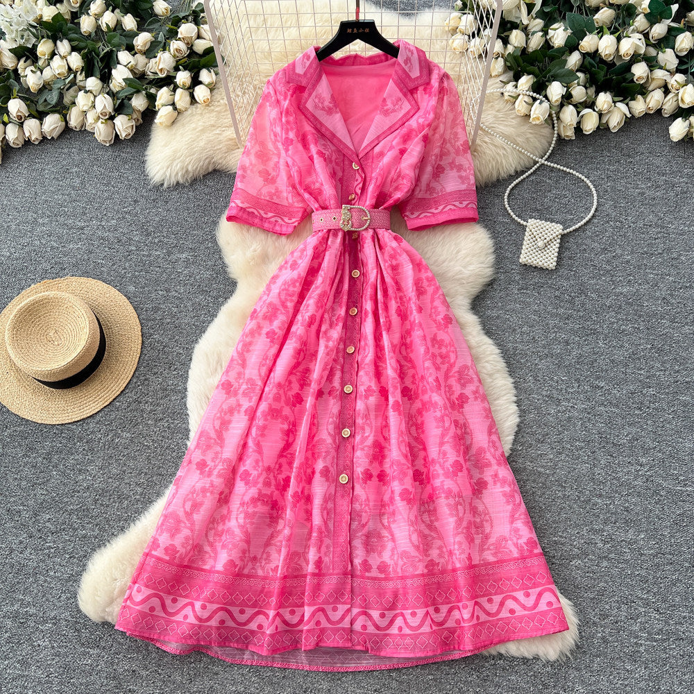 Frenchromantic style printingsense of designdressfemaleniche stylesummer suit collar waist slimming lookelegant long skirt