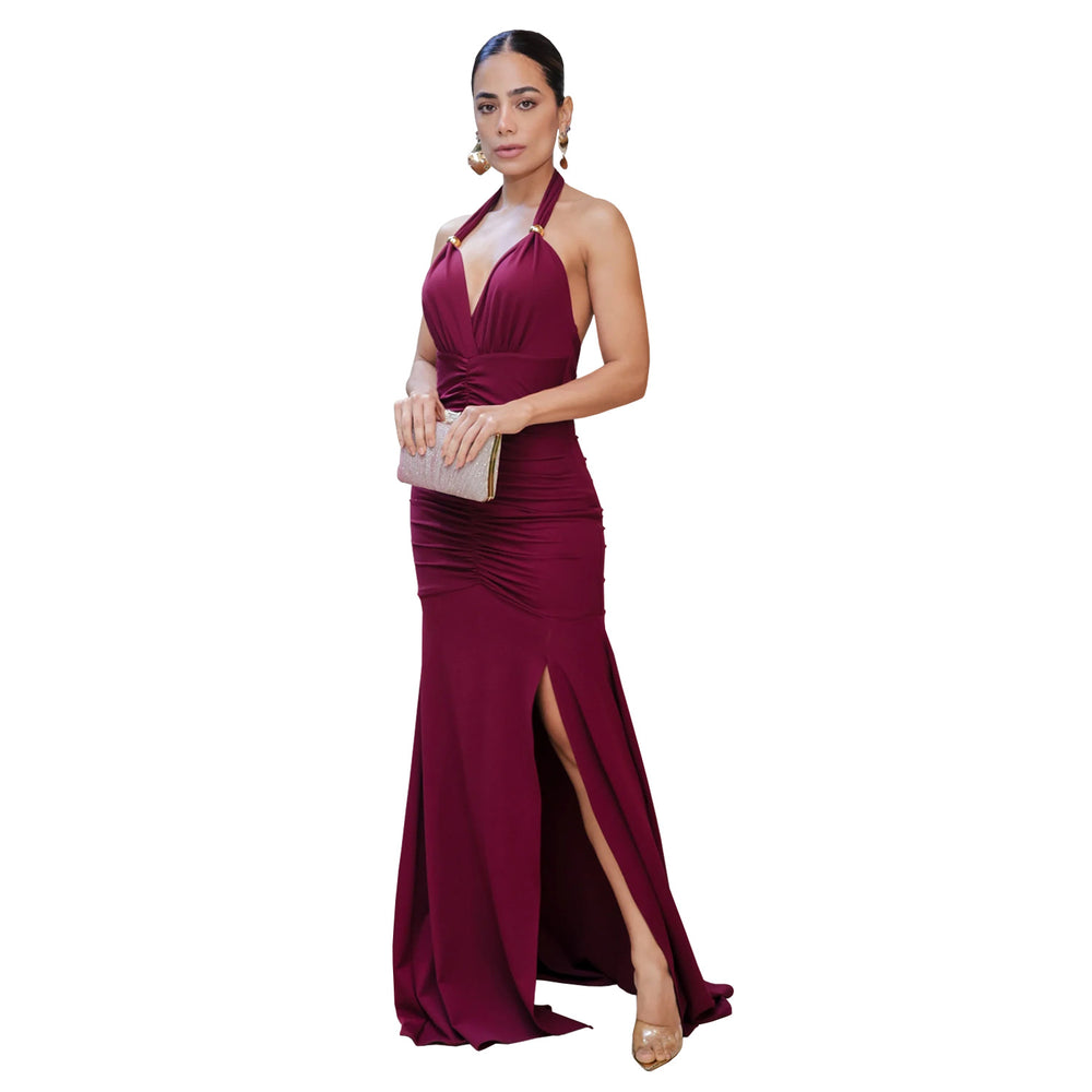 C7552 cross-border   fashion women's elegant solid color sexy v-neck slit dress