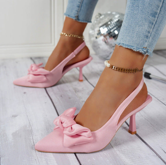French retro satin bow pointed-toe high heels - ankle strap stiletto heels for work and banquets - cross-border exclusive