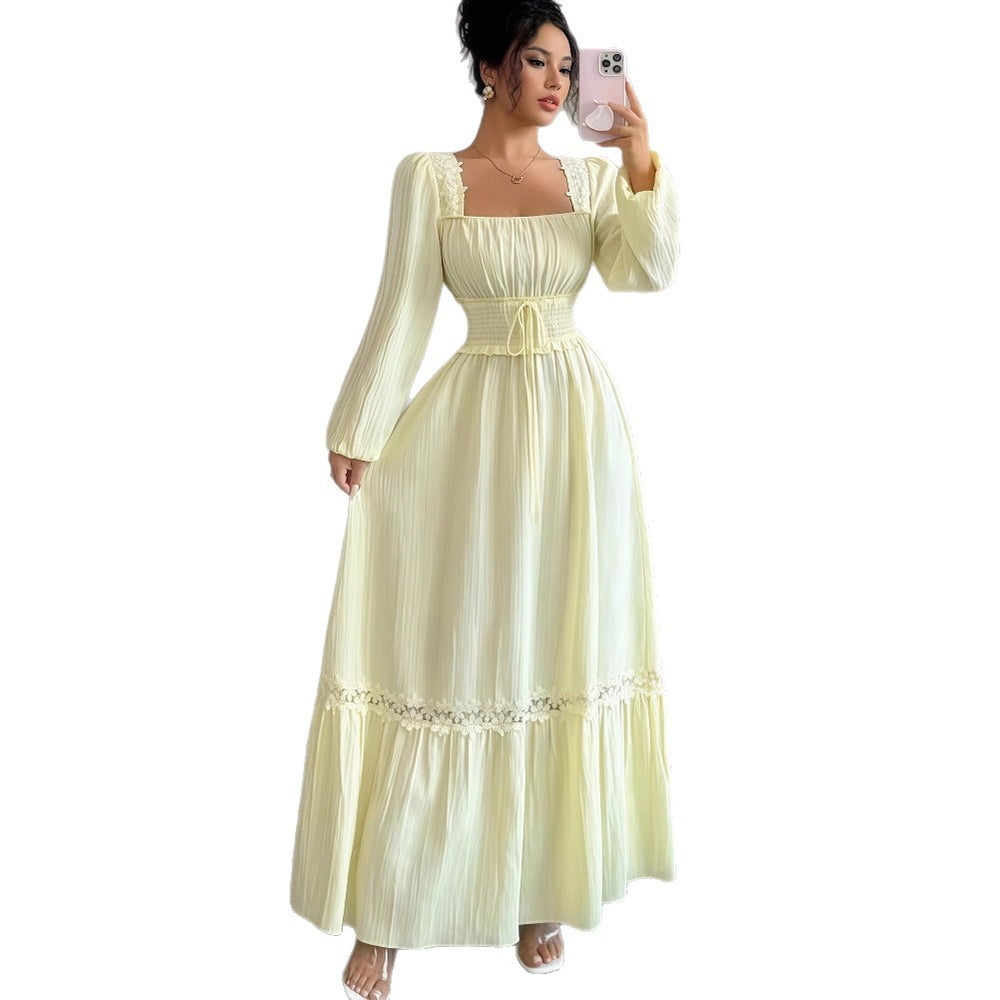 European and american cross-border women's fashion:  early autumn new arrival - solid color long sleeve u-neck lace trim patchwork cinched waist maxi dress