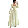 European and american cross-border women's fashion:  early autumn new arrival - solid color long sleeve u-neck lace trim patchwork cinched waist maxi dress