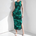 cross-border e-commerce women's fashion: european and american summer new arrivals - sexy sleeveless, cinched waist, slit hem, tie-dye print dress