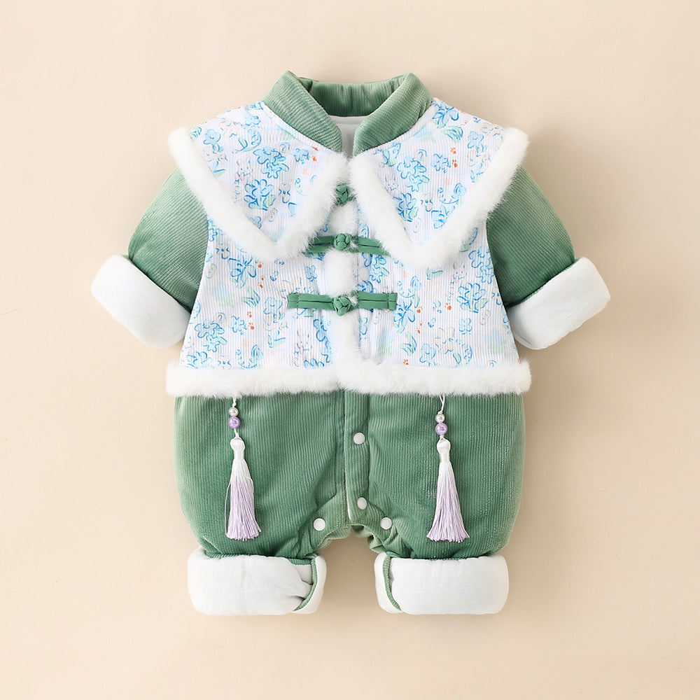 Baby autumn/winter chinese style romper, newborn girl cute princess full month hanfu, fleece-lined quilted outfit