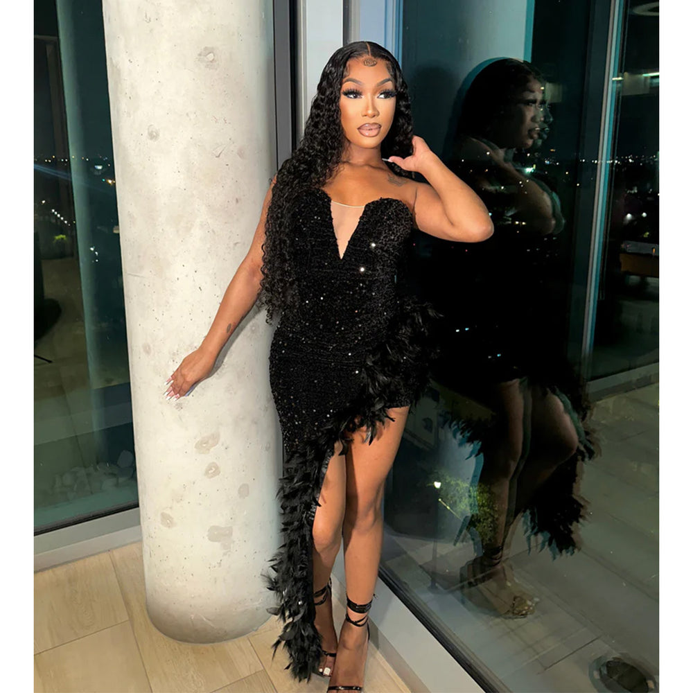 C6713 cross-border   fashion women's solid color bandeau backless sequin feather dress
