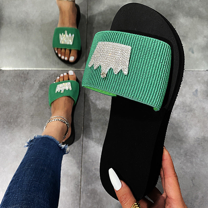 Women's slippers 2024 summer new trendy candy color rhinestone flat crown outdoor thick sole one-strap sandals