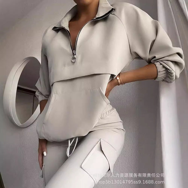 LZR8305  European and American apricot casual pullover sports suit trousers (2-piece set)