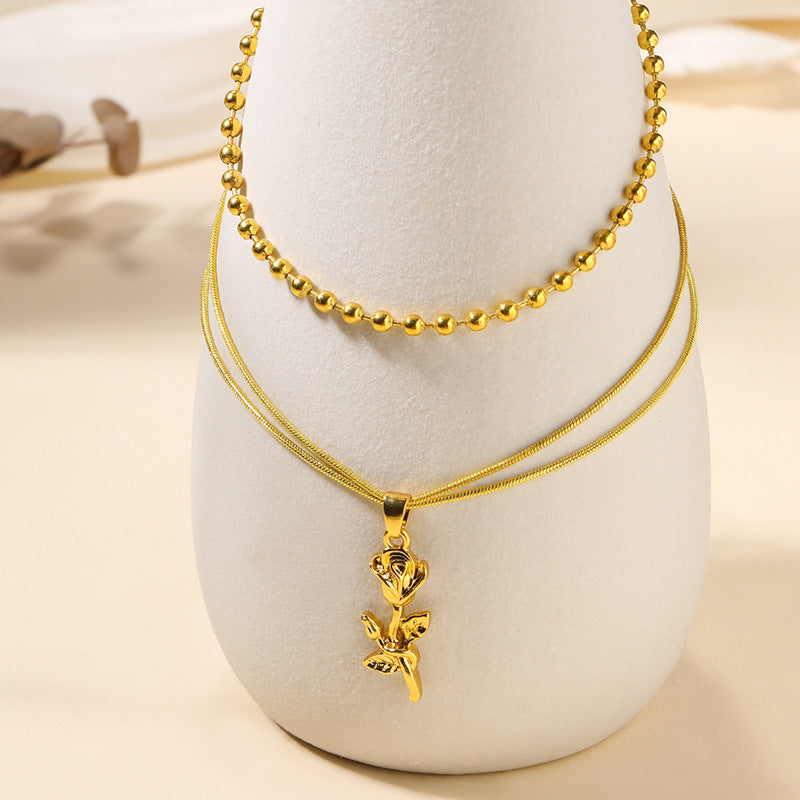 European and american cross-border statement jewelry fashion rose flower pendant high-end beaded chain women's double layer necklace jewelry wholesale