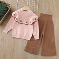 Girls' knitted sweater two-piece set,  autumn/winter new arrival, handmade floral detail, little girl's pullover knit sweater and pants outfit