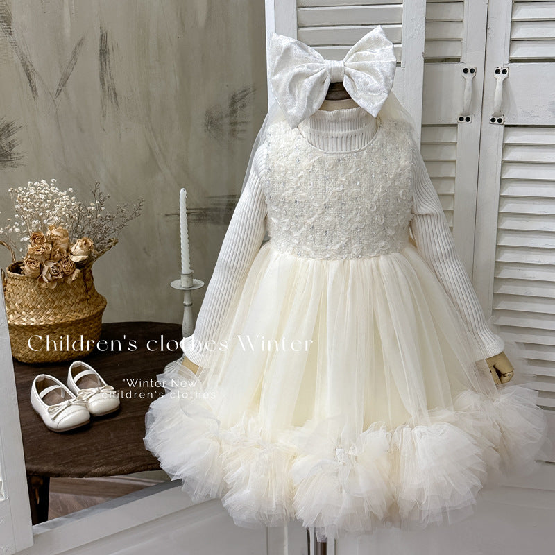 Girls' fleece-lined vest dress, chanel-inspired feather dress, birthday cake dress with veil