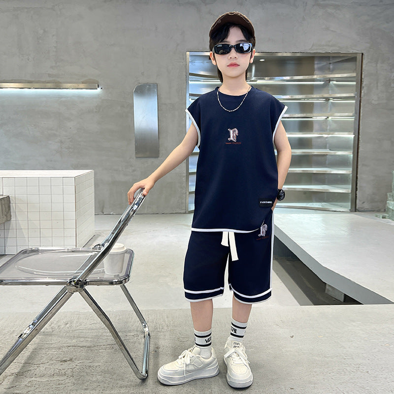 Kids' boys' summer outfit set  new style: trendy, stylish, lightweight, and cool short-sleeve and long-pant set for summer