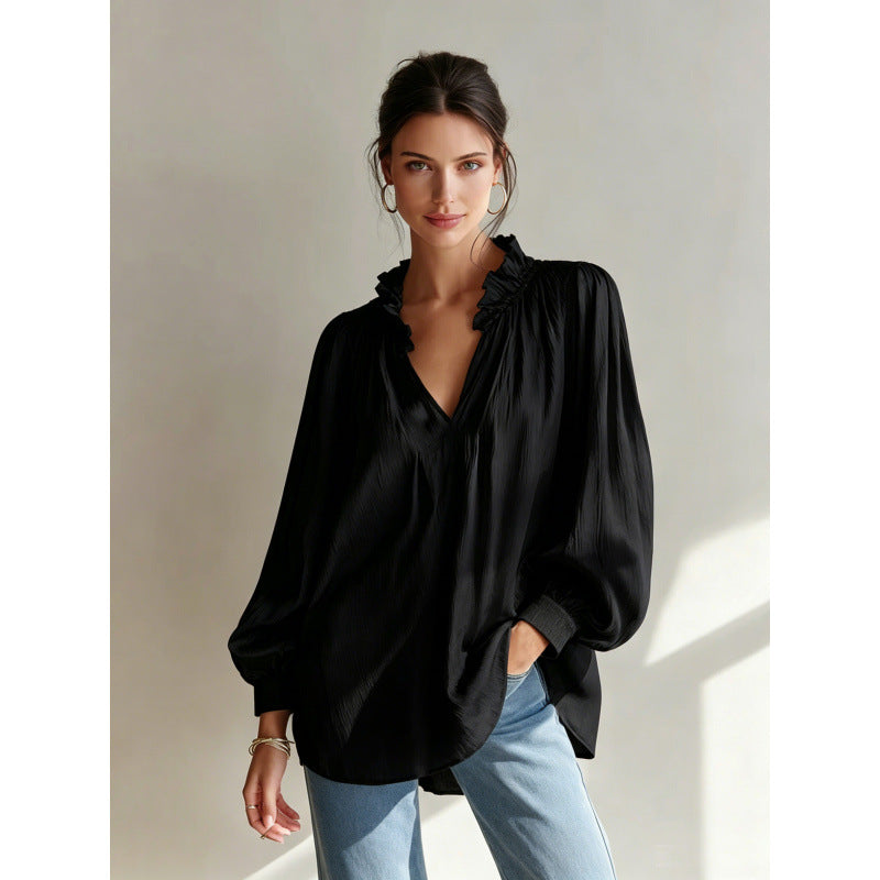 european and american cross-border women's fashion new arrival: v-neck ruffle trim solid color long sleeve versatile blouse