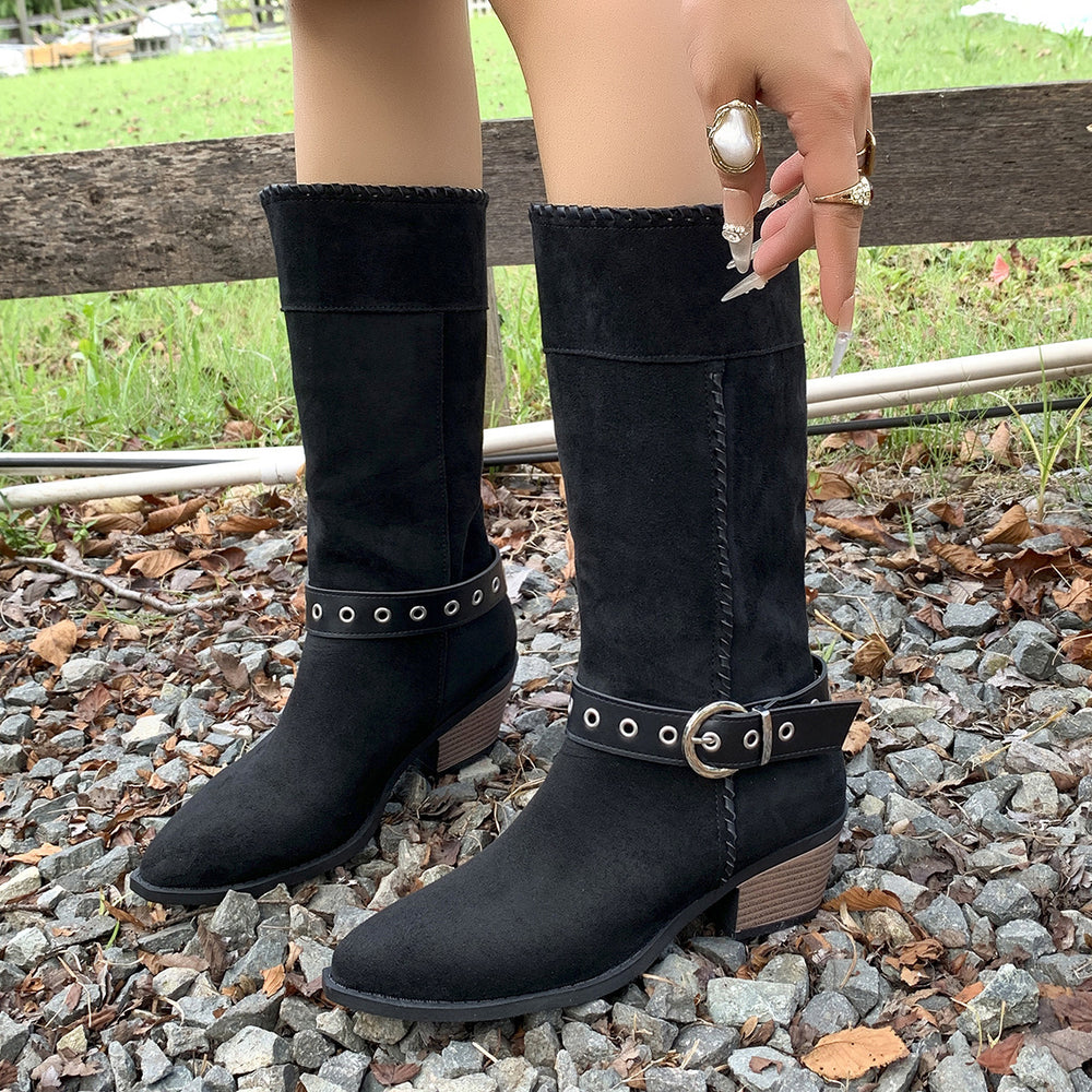 Casual and versatile ankle boots: new  cross-border plus size autumn round toe french chunky heel solid color women's martin boots