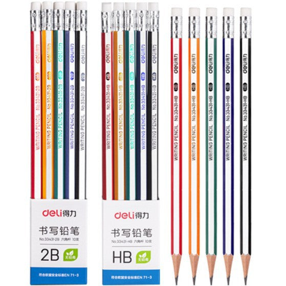 Deli 33431 hexagonal pole primary school students writing pencil HB/2B pencil test card pencil with eraser 10 pcs