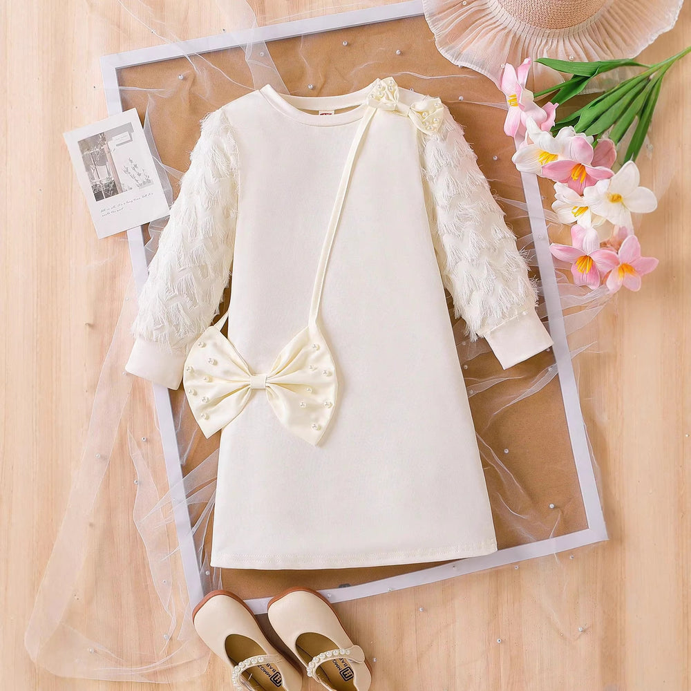 Hot-selling new princess dress for 's international market: solid color, round neck, beaded puff sleeve dress with bow