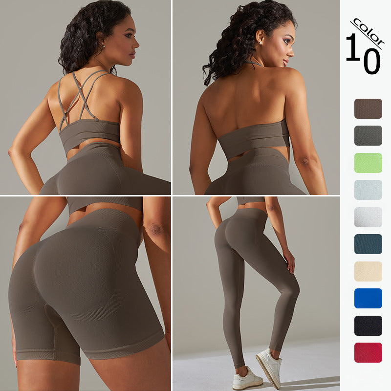 New arrival cross-border fashionpure color beautiful back high elastic yoga clothes four-piece set running sports bra fitness yoga pants for women
