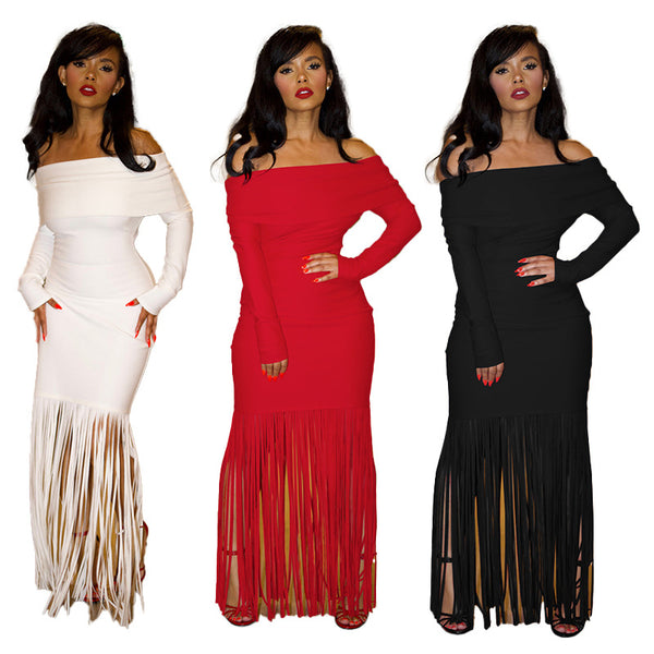 M3065 European and American sexy one-word shoulder temperament slim tassel hip-wrapped long-sleeved off-the-shoulder chest-wrapped evening dress dress