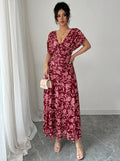 printed midi a-line dress - new french style, v-neck, slimming black dress