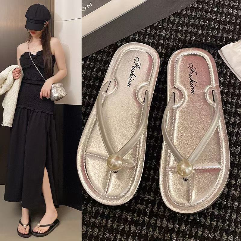 Pearl flip-flops french summer 2025 fashion outwear new beach anti-skid slippers flats sandals wholesale