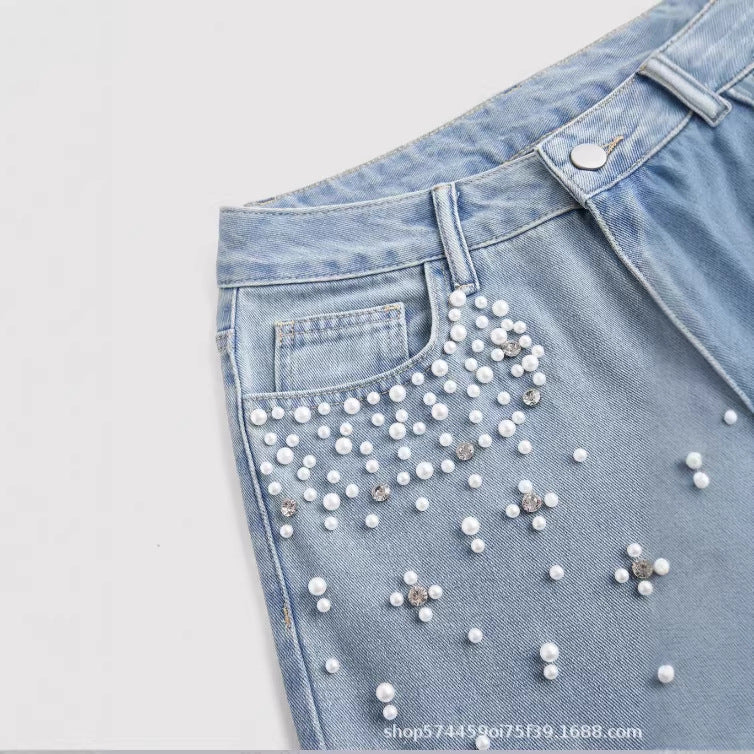 new arrivals: , tiktok, pinduoduo, cross-border e-commerce, european & american style, washed denim, beaded women's trousers